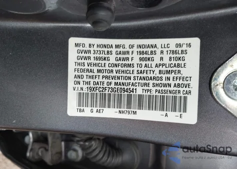 2016 Honda Civic Ex from USA, damaged, VIN 19XFC2F73GE094541